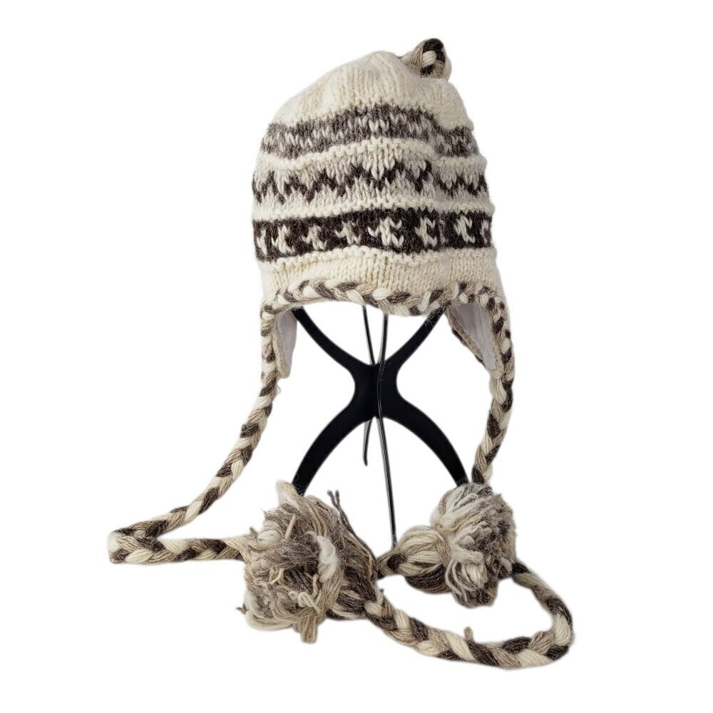 Nepal Handknit Chullo Hat Fleece Lined Wool Neutral Stripe Warm Winter One Size